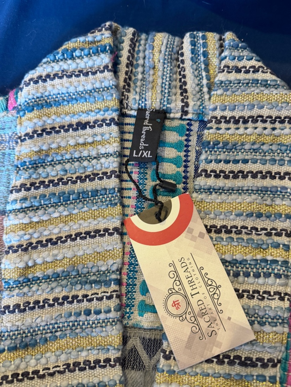 Sacred Threads Striped Boho Long Cardigan Coat in Blue & Pastels - Picture 8 of 8